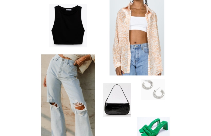 Outfit Idea 5_ 90s Jeans, Crop Top, And Sheer Button-Down Shirt