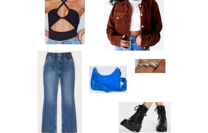 Outfit Idea 6_ Flare Jeans, Halter Top, And Oversized Jacket