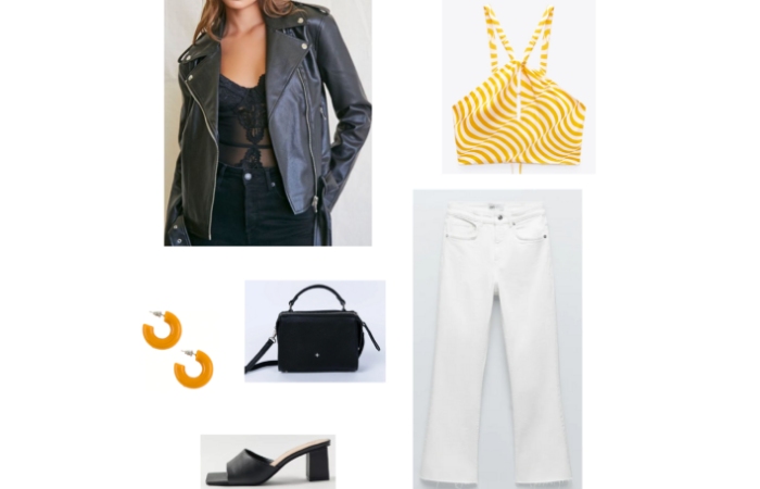 Outfit Idea #8_ White Jeans, Colorful Top, And  Leather Jacket